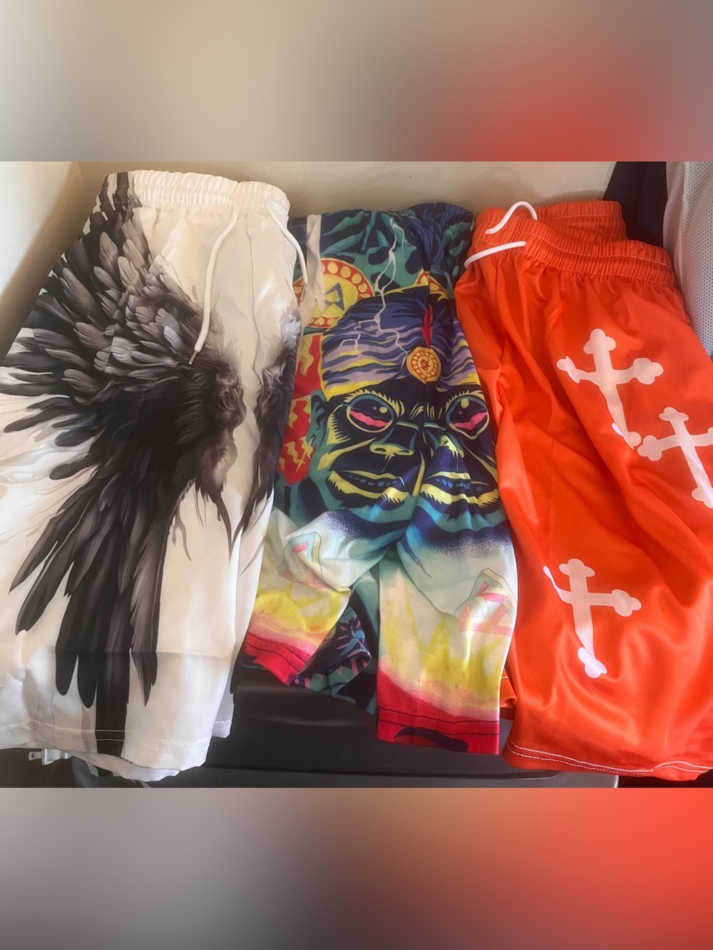 3 y2k aop shorts bundle with pockets b6 xl jesus wings angel cross bottoms
